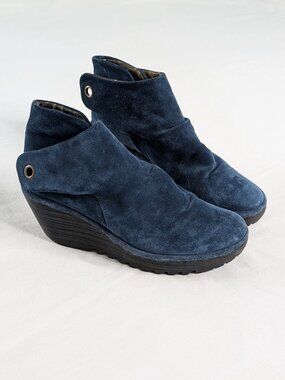 Fly London Blue Suede Ankle Tie Wedge Bootie Yebi